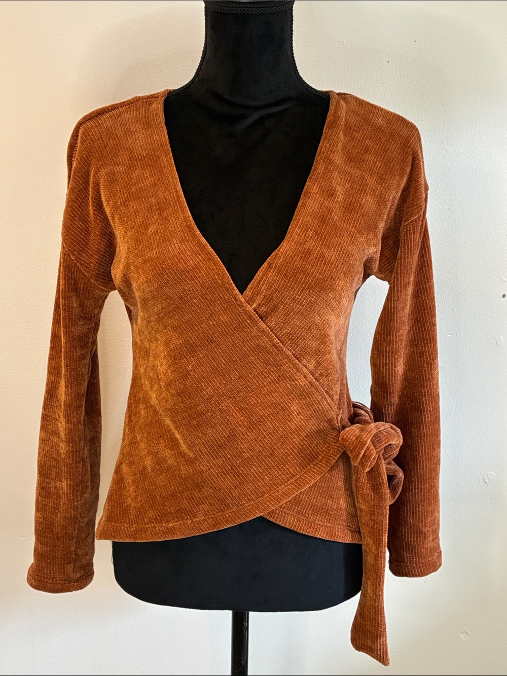 Secret charm burnt orange chenille wrap blouse top deep v neck long sleeves S